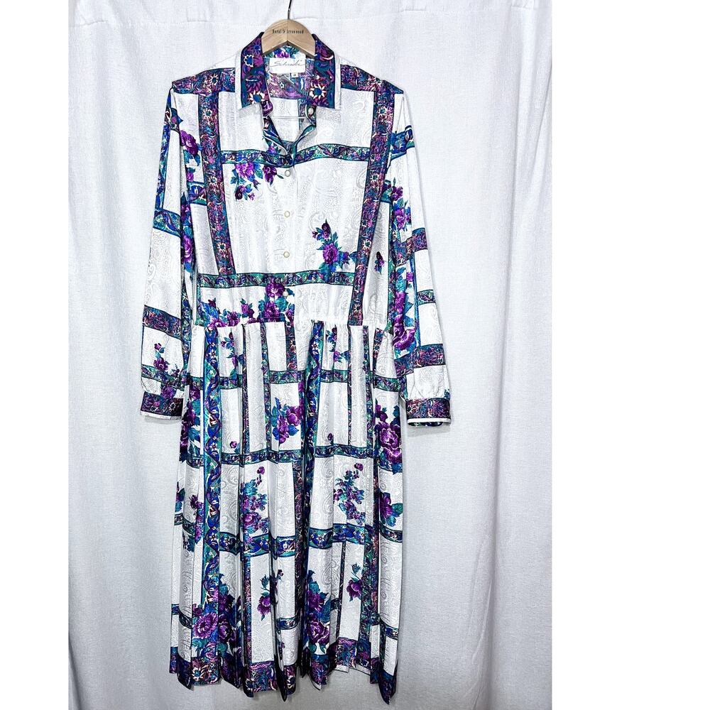 Vintage‎ 80s Schrader Silver Purple Floral Satin Long Sleeve Midi Dress